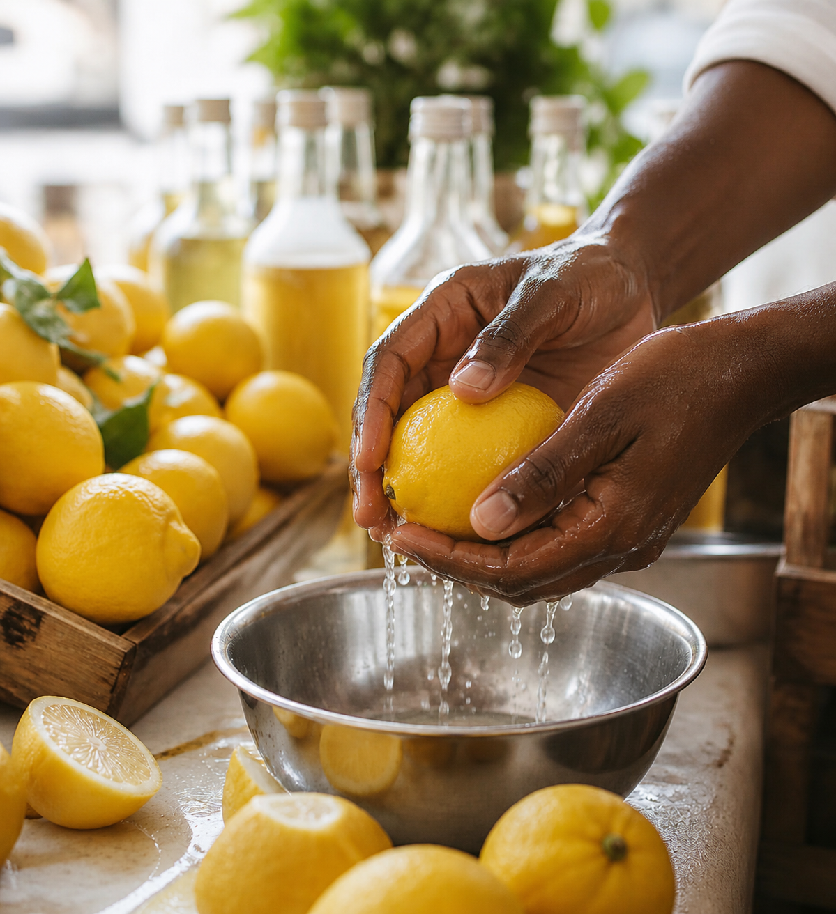 Hands squeezing fresh lemons over a steel bowl at the Fizz & Frost stand